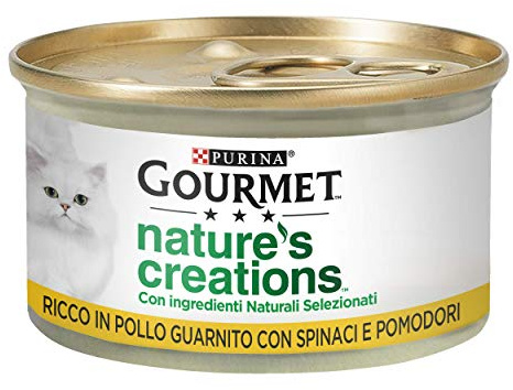 Purina Gourmet Nature's Creations Nassfutter für Katzen, reich an Huhn, garniert mit Spinat und Tomaten, 24 Dosen à 85 g