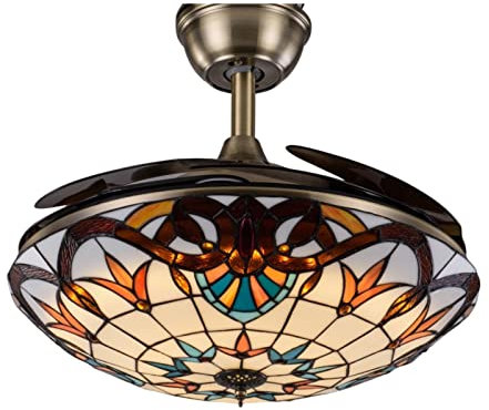 GAUUA Retro Mediterranean Chandelier Ceiling Fan Light with Lights And Remote Ceiling Fans Handmade Stained Glass Alloy Base Well Made Living Room Bedroom Kitchen Hotel Apartment,B