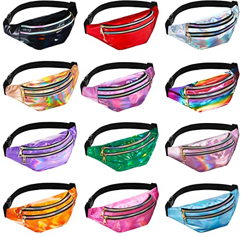 Holografische Bauchtaschen für Damen und Kinder, metallische Farbe, glänzende Hüfttasche mit verstellbaren Gürteln für 80er-Jahre-Rave-Outdoor-Aktivitäten, Schwarz, Silber, Rot, Blau, Gelb, Orange
