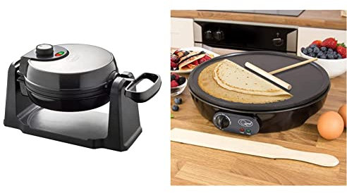 Quest 35969 Rotating Belgian Maker/Non Stick Plates/Cooks up to 4 Waffles / 1000W, Silver & 35540 Electric Pancake & Crepe Maker / 12 Non-Stick Hot Plate with Raised Edges for Reduced Wastage