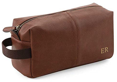 Kulturtasche Männer - personalisierte Geschenke mit Initial - Vatertag Geburtstagsgeschenk Reisetasche zum aufhängen Kunstleder braun