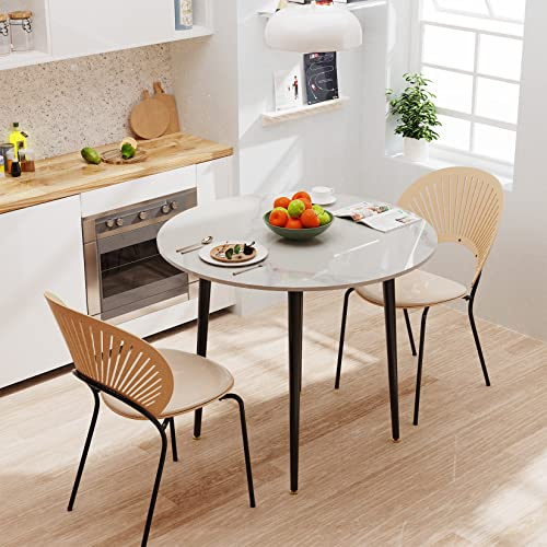 FATIVO Esstisch runder Esszimmertisch Marmor 80cm, Rundtisch Kleiner Küchentisch 2 Personen Weiß Hochglanz Esstisch Skandinavisch Tische für Esszimmer Restaurant Metall Tischbeine