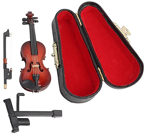 Violino in miniatura in legno, modello di violino in miniatura con supporto, arco e custodia, accessori per casa delle bambole per strumenti musicali mini per regalo di decorazione domestica