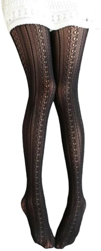 Ailan Knitted Cotton Tights Exquisite Beautiful Lace Tights Skin Friendly Breathable Hollow-Out Striped Stockings Pantyhose,Black