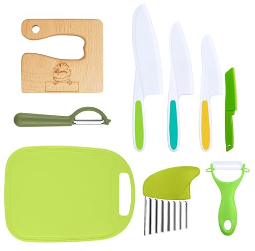 HOTUT Kindermesser Set, 9-teiliges Kinder Sicherheit Küchenmesser zum Schneiden und Kochen mit Gemüse Ausstechformen, Holzmesser Schneidebrett Schäler, Montessori kochset für Kinder ab 2 Jahren