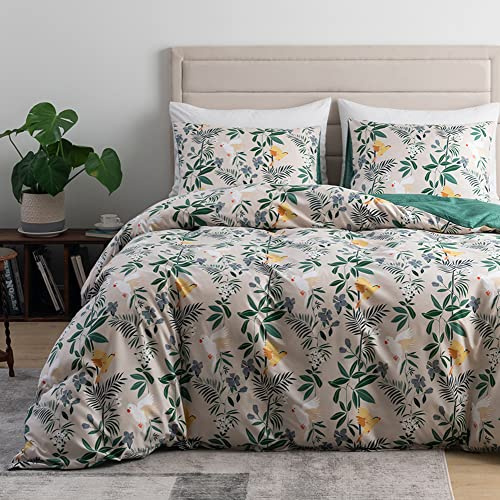 Michorinee Housse de Couette 220x240 Motif Feuilles Beige Vert Parure de Lit Botanique Fleurie en Microfibre avec Fermeture Éclair - Linge de Lit Réversible Adulte avec 2 Taies d'oreiller 65x65 cm