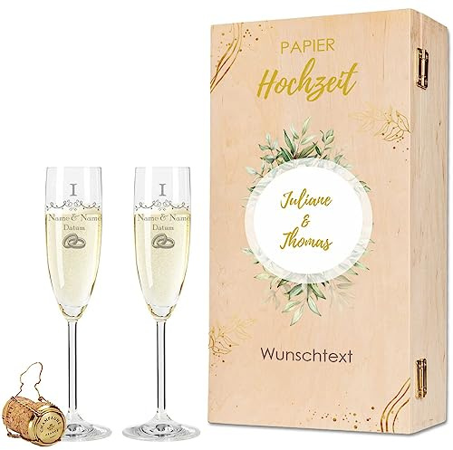 GRAVURZEILE Leonardo Sektgläser mit Gravur - Papierhochzeit Design - Personalisiert mit Namen & Datum inkl. Holzkiste - Geschenk zur Hochzeit Verlobung Jahrestag - Farbe: Sekt