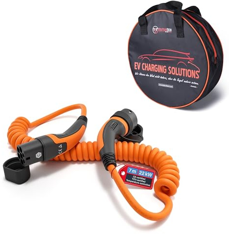 TEUTSCHTECH, EV Ladekabel Spiral I Orange I 7M I TYP2 auf TYP2 I 22kW I 3X32A I 3-phasig I Nutzbare Länge ca. 4,2M I Mit Lade- Temperaturüberwachung und Schutz vor Brand