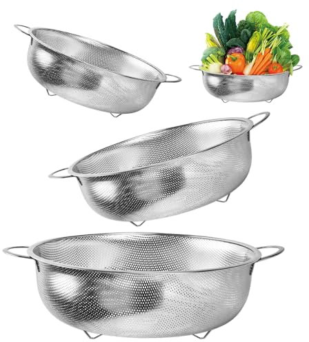 Wisebom Passoire de Cuisine, Passoires en Acier Inox à Pâtes, Passoire Tamis Acier Crépine Micro-Perforées avec Poignées pour Pâtes Légumes Fruits, Lot de 3-16/22/28cm