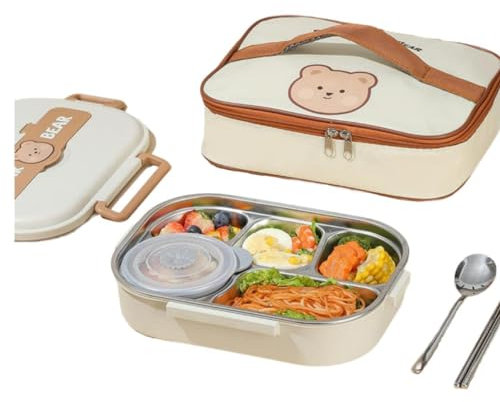 LANMOU 1.5L Fiambrera Acero Inoxidable Infantil, Caja Almuerzo Infantil Fiambrera Niños Colegio Fiambrera Infantil Fiambreras Comida Trabajo Bento Box Adulto con Bolsa Isotérmica (5 rejillas)