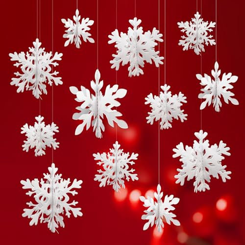 XNIVUIS Lot de 12 flocons de neige blancs 3D à suspendre, décorations de Noël, flocons de neige en papier, décorations d'hiver pour anniversaire, mariage, Nouvel An, accessoires de fête