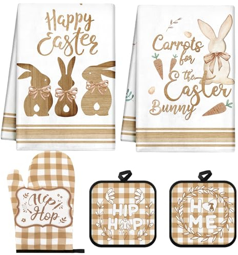 Mindsoft 5 Pcs Easter Kitchen Towels Oven Mitts and Pot Holder Set 2 Easter Bunny Dish Towels 2 Square Potholders 1 Heat Resistant Glove for Kitchen Cooking Baking Cleaning Gifting