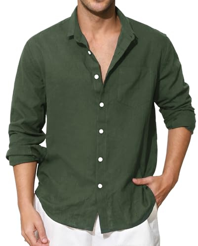 Enlision Camisas Lino Verde Oscuro Hombre Manga Larga Verano Camisa para Hombres de Algodon Cuello Mao Casual Henley Shirts Elegantes Playa Boda L