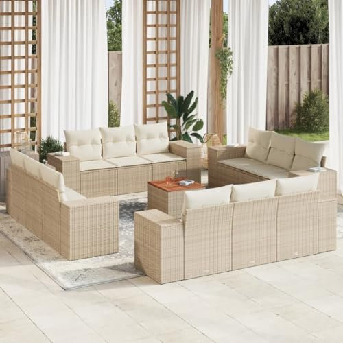 Rantry 13-TLG. Garten Sofagarnitur mit Kissen Gartensofa mit Stauraum Gartenlounge Balkonmöbel Gartenmöbel Loungesofa Rattansofa mit Gartentisch Ecksofa Sitzgruppe Gartenset Beige Poly Rattan