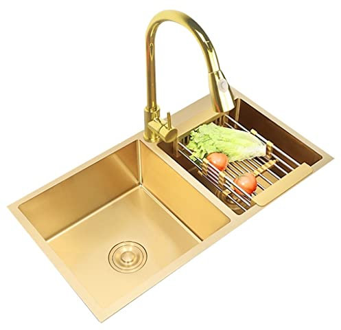 LAMEDOAT Évier de Cuisine à Une cuve avec crépine Évier de Poste de Travail à encastrer sur Le Dessus en Acier Inoxydable Évier de Cuisine à Double cuve avec Siphon (Couleur : Or, Taille : 82 * 45cm)