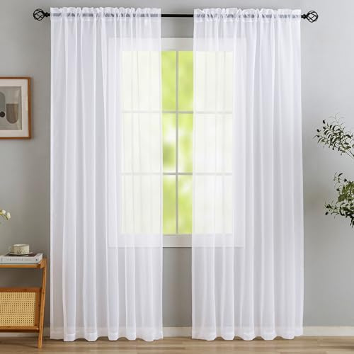 MYSTIC-HOME Gardinen Weiß Transparent - Voile Gardinen Wohnzimmer Modern - Luftige Soft und Sonnenlichtfilterung - Rod Pocket Vorhang Weiss Durchsichtig für Schlafzimmer, 2er Set H 260 x B140CM