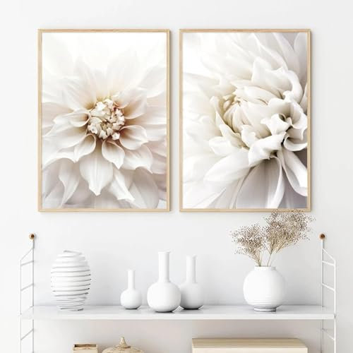 RDRDtbtr Weiße Dahlie-Rose Poster Kunstdrucke romantische Blumen Leinwandgemälde moderne Wand Bilder Bild Wohnzimmer Schlafzimmer Heimdekoration 50 x 70 cm x 2 ungerahmt