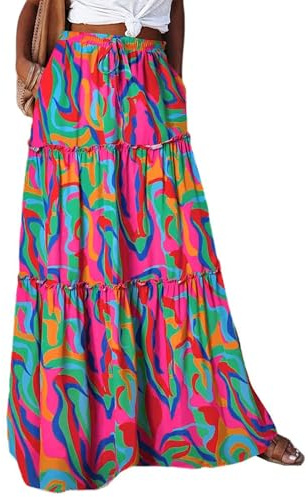 Timuspo Womens Maxi Boho Skirt Summer Flowy Midi A Line Full Maxi Skirts with Two Pockets Elasticated Waist Colorful XL