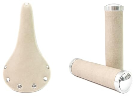 TentHome Vintage Fahrrad Accessoires Sattel Classic Line Fahrradsattel Leder PU Lenkergriffe Fahrradgriffe Fahrradlenker Rennrad Tourenrad MTB Zubehör Fahrradsitz+Handgriffe Set Beige