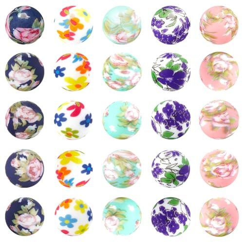 SUNNYCLUE 1 boîte de 30 pièces 5 styles de Perles en Silicone à Imprimé Floral 15mm Multicolore Camélia Violet Fleur de Cerisier Fleurs de Printemps Perle pour la Fabrication de Bijoux Stylos à Perles