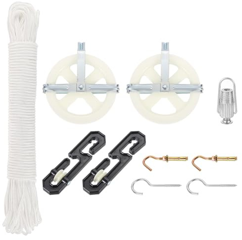 sourcing map Kit de tendedero para exteriores, polea de tendedero de 5 pulgadas, cuerda de tendedero de 150 pies para exteriores, polea separadora en S, tensor de tendedero y 50 pinzas para ropa para