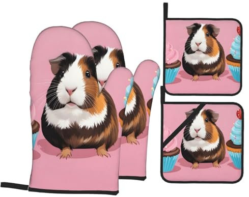 YYHWHJDE Bedruckte Ofenhandschuhe und Topflappen mit Meerschweinchen und Cupcakes, 4er-Set: dick und langlebig, verbrühungssicher und wärmeisolierend