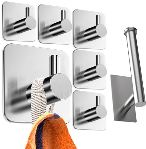 Ganchos Adhesivos para Pared y Portarrollos Papel Higienico Adhesivo - Kit Accesorios Baño - Colgadores Adhesivos Resistentes y Soporte Papel Higienico de Acero Inoxidable con Cinta Adhesiva 3M