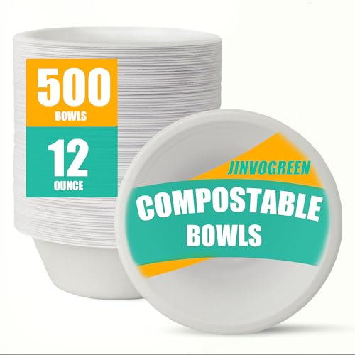 JINVOGREEN 500 Count 12 oz Paper Bowls, Disposable Compostable Bowls Bulk, Heavy Duty Biodegradable Bagasse Bowl for Snacks, Soup, and Salads, White
