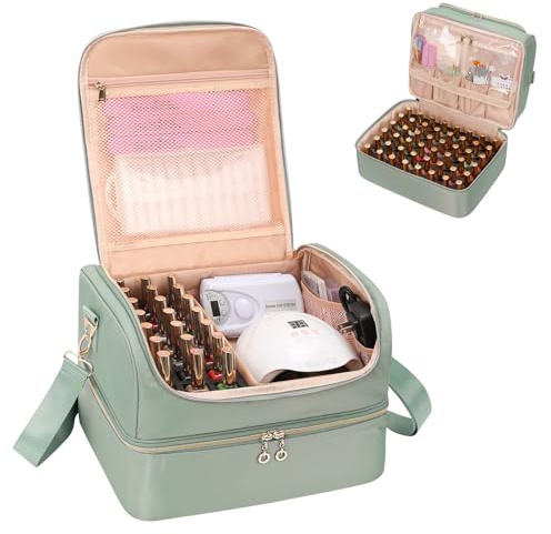 Nail Polish Organiser, Nail Varnish Storage Box Holds 45 Bottles Nail Polish & Nail Lamp, Nail Tech Travel Case, Nail Kit Carrying Bag for Nail Stuff & Manicure Tools (Green, 69 Slots)
