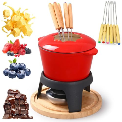 STWBHW Juegos de Fondue de Queso, Juego de ollas de Fondue de Hierro Fundido, Olla for derretir Chocolate for Queso derretido, con 6 Tenedores de Fondue, Paleta de Madera, Revestimiento Antiadherente
