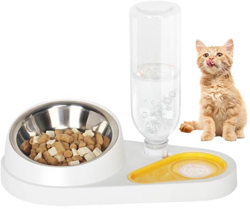 Katzennapf-Set, Doppelter Futternapf für Nass- Trockenfutter, mit Automatischer Wasserflasche, 15° Neigbar Futterschalen für Hunde und Katzen Cat Feeder