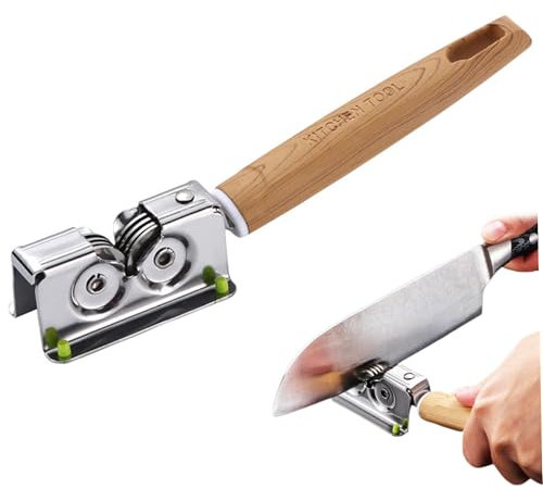 Knife Sharpener 7.7'' Stainless Manual Knife Sharpener with Wood Grain Handle Quick & Smooth Roller Kitchen with Hanging Hole for Kitchen & Fruit Knives, Manual, Knif