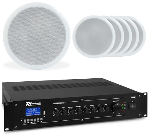 Power Dynamics PRM60 PA Verstärker + 6 Bluetooth Deckenlautsprecher, 5 Zoll, 60 Watt Verstärker mit Bluetooth - 100V Soundsystem inkl. Lautsprecherkabel, Einbaulautsprecher Decke für Hintergrundmusik