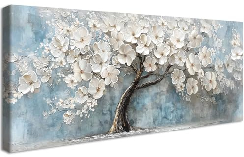 HALFLEMART Stampa su tela Con Cornice Albero della Vita Fiore Bianco Pittura Fioritura Floreale Quadri su tela Quadri Moderni Quadretti da Parete Stampa da Parete Soggiorno Camera da Letto 50x120cm