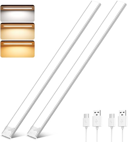 Unterbauleuchte Küche Led 60CM, 5000mAh Led Schrankbeleuchtung mit Bewegungsmelder 3 Farben Dimmbar Schranklicht Batterie kabellos Nachtlicht LED Leiste für Küche Badezimmer Schlafzimmer 2 Stück