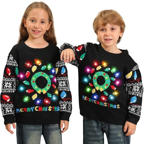 Kouric Jersey Navideño Luces,Jersey Navidad Mujer/Hombre con Estampado de Reno en la Nieve,Ugly Christmas Sweater,Jerseys Navideños,Suéter Navideño Pareja Gracioso,Christmas Jumper