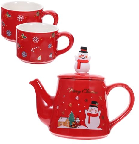 HIAKDOFT Teiera e Tazze in Ceramica Rossa Con Stampa Pupazzo Di Design Natalizio Per Casa Set Da Tè Con Manico Confortevole e Superficie Liscia Facile Da Pulire