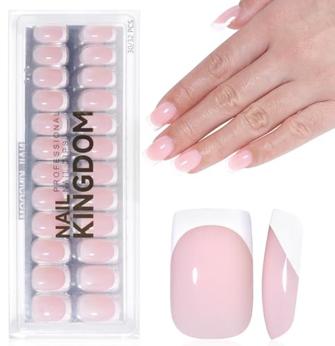 32Pcs Short Pink French Press on Nails - Square French Tip False Nails Glue on Full Set, Classic & Classy Manicure Kit for Women, Long Lasting Artificial Nails, Natural Manicure Home DIY with Glue