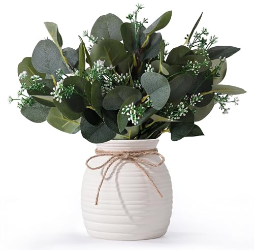 Artificial Eucalyptus in Vase, Fake plants for home decor, Ceramic White Vase with Greenery, Faux Decorative Plants, 20pcs Indoor Fake Eucalyptus Stems for Centerpiece Farmhouse Mantle Decor