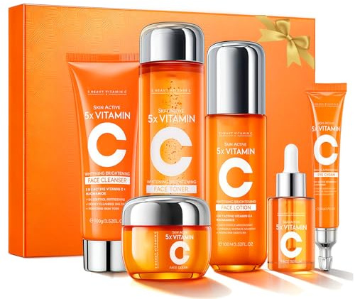 6PCS Vitamin C Gesichtspflege Set,Skincare Set mit Gesichtsreiniger, Toner,Serum,Augencreme,Lotion & Gesichtscreme, Feuchtigkeitsspendend & Für Strahlenden Teint,Für Frauen & Männer