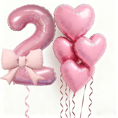 Rosa folieballongset för 2. Födelsedag, hjärtballonger med rosett, aluminiumdekoration, set om 5 delar