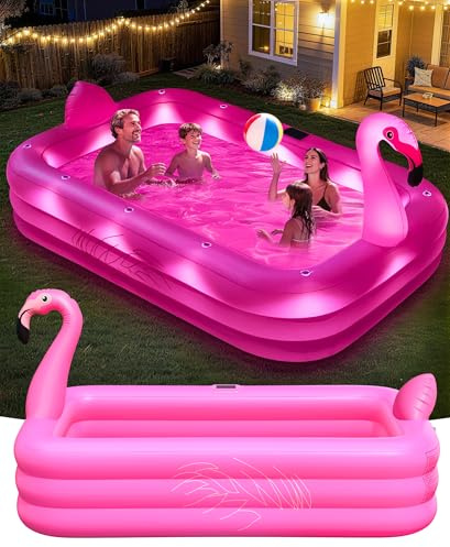 PoolLeader Aufblasbarer Pool Erwachsene, Großes Gartenpool Rechteckig mit Solar Licht, Haltbar Flamingo Planschbecken Erwachsene aus Hochwertigem PVC, 254x160x50cm Draußen Aufblasbarer Familienpool