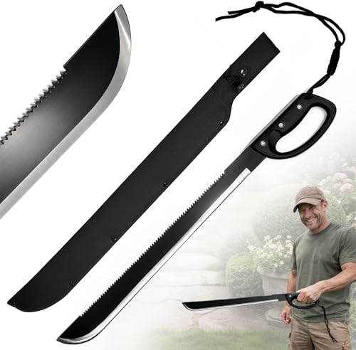 Serpe de Débroussaillage 2-en-1 avec Dos Dentelé & Fourreau Nylon – Outil Professionnel de Jardin | Lame en Acier Inox 3Cr13 | Coupe Ronces, Broussailles & Branches