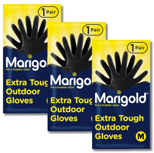 Marigold 3 Pairs of Extra Tough Outdoor Gloves | Roll-Top Cuffs Natural Rubber Latex Textured Grip Gloves with Cotton Lining for Gardening & Outdoor Cleaning | (Medium) - Black