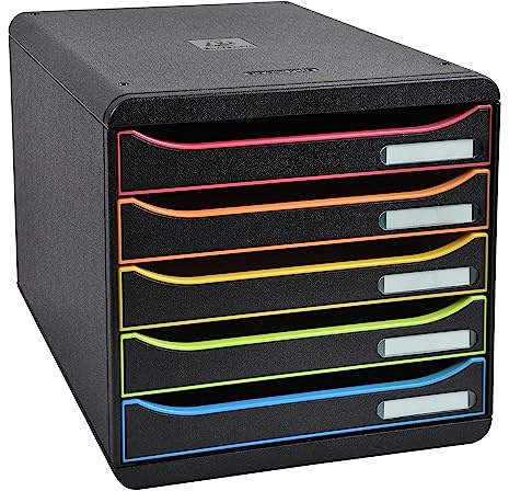 Exacompta - Ref 309914D - BIG-BOX PLUS skrivbordslådor - 5 x 43 mm lådor, lämplig för A4+-dokument, 347 x 278 x 271 mm, 100% återvunnen plast - Svart/Harlekin/Svart