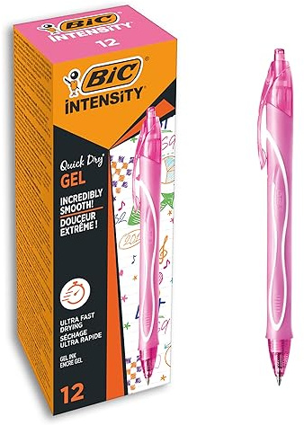 BIC Gel-ocity Quick Dry Bolígrafos de Gel, punta media (0,7mm) - Rosa, Caja de 12 Unidades – Bolígrafo retráctil con tinta de secado ultrarrápido