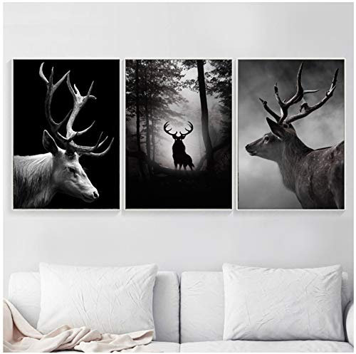 XIANGPEIFBH Leinwand Malerei Schwarz Weiß Elch Hirsch Wald Landschaft Wandkunst Poster Und Drucke Wandbilder Für Wohnzimmer Dekor 50x60 cm (19,7 x 23,6) x 3 Mit Rahmen