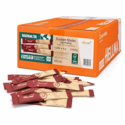 HELLMA Feinzucker-Sticks 1000 Stück – einzeln verpackte Zuckersticks à 4 g, portionierter weißer Zucker für Kaffee & Tee, Gastronomie, Hotel & Büro