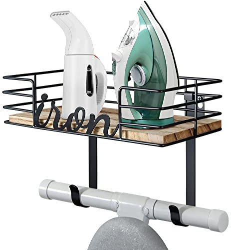 TJ.MOREE Ironing Board Hanger - Laundry Room Iron and Ironing Board Holder, Metal Wall Mount with Large Storage Wooden Base Basket and Removable Hooks