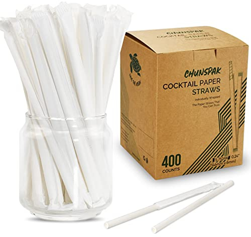 [400 Pack] Compostable Short Paper Straws Individually Wrapped, 5.75 x 0.24, Dye-free White - Great for Kids, Milk Cartons, Cocktail, Coffee, Mixed Drinks